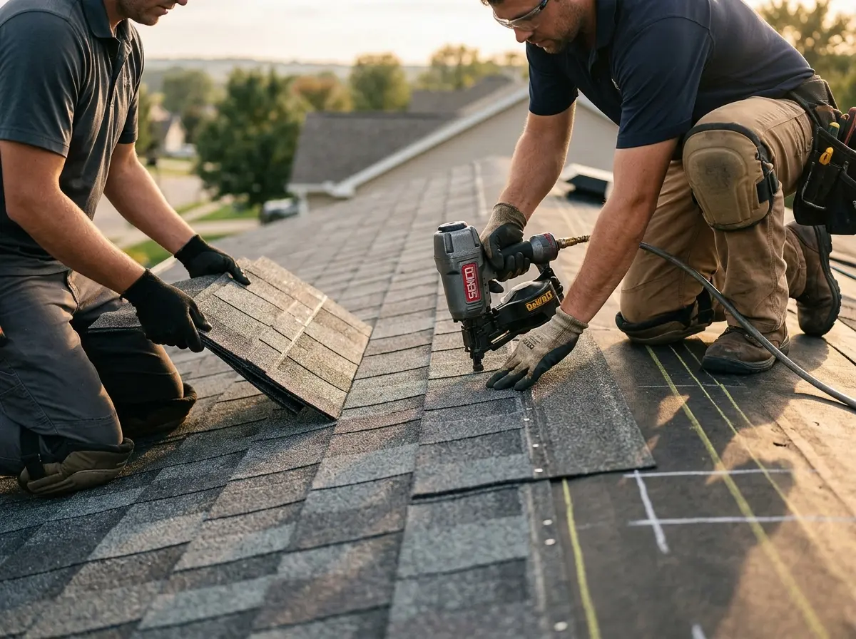 Professional roofer working on a residential roof in Menlo Park